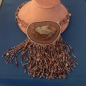 Tzipora Hoynik 1985 Handcrafted Beaded Necklace with Agate Centerpiece